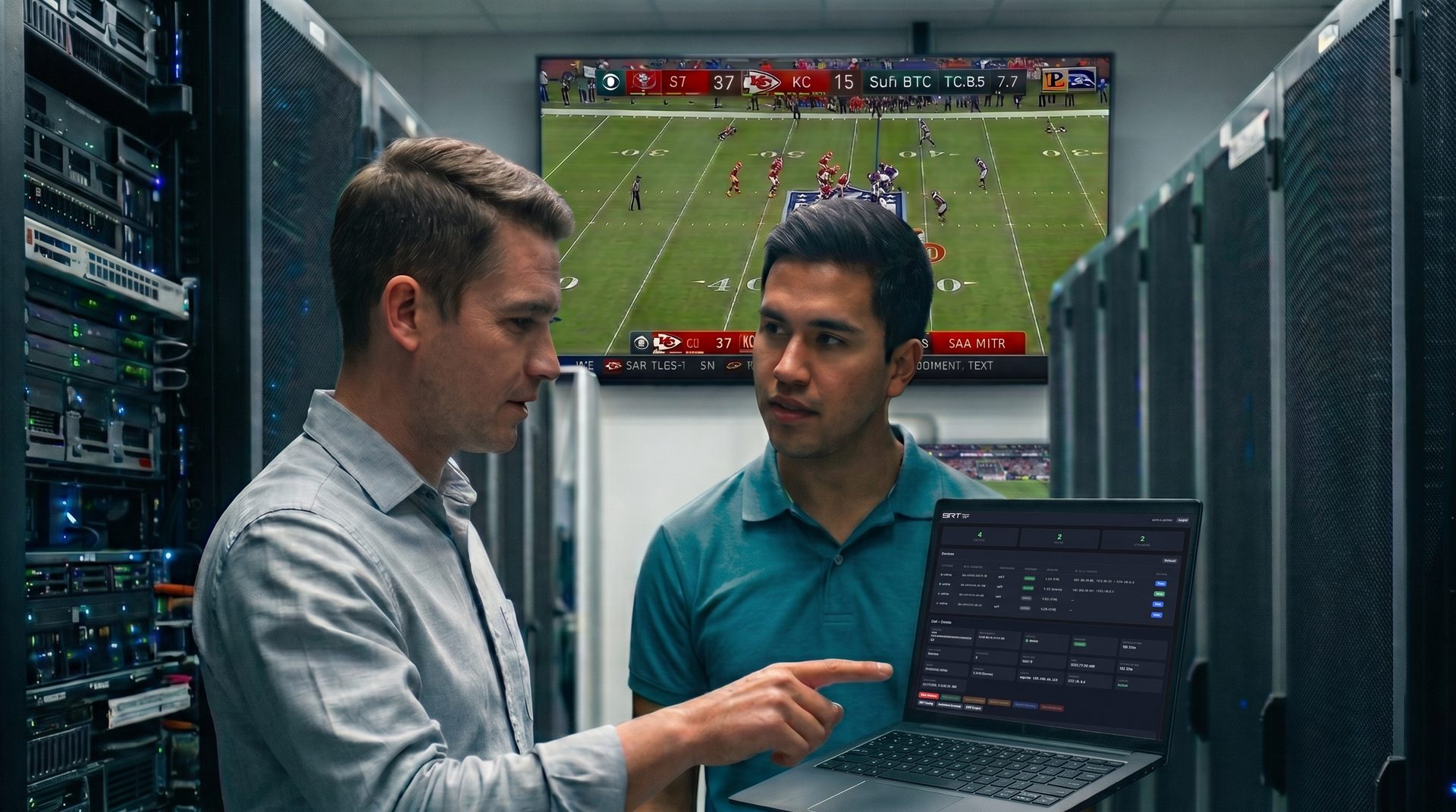 Two engineers in a data centre reviewing the SRT Gateway cloud panel on a laptop, with a live sports broadcast on the wall screen
