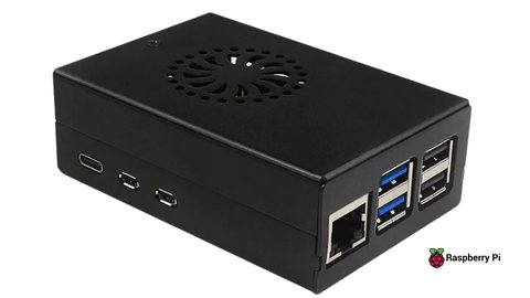 Raspberry Pi in a black case, the hardware for the Raspberry Pi gateway