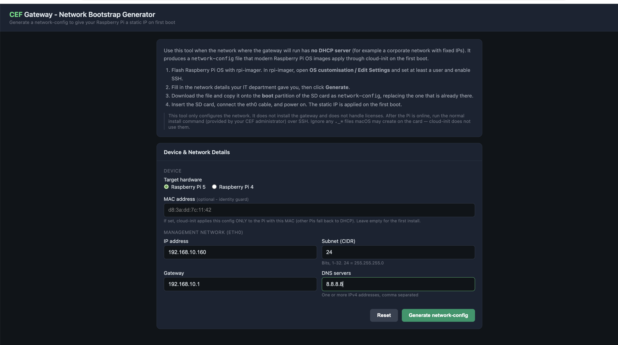 Página de configuração de IP
