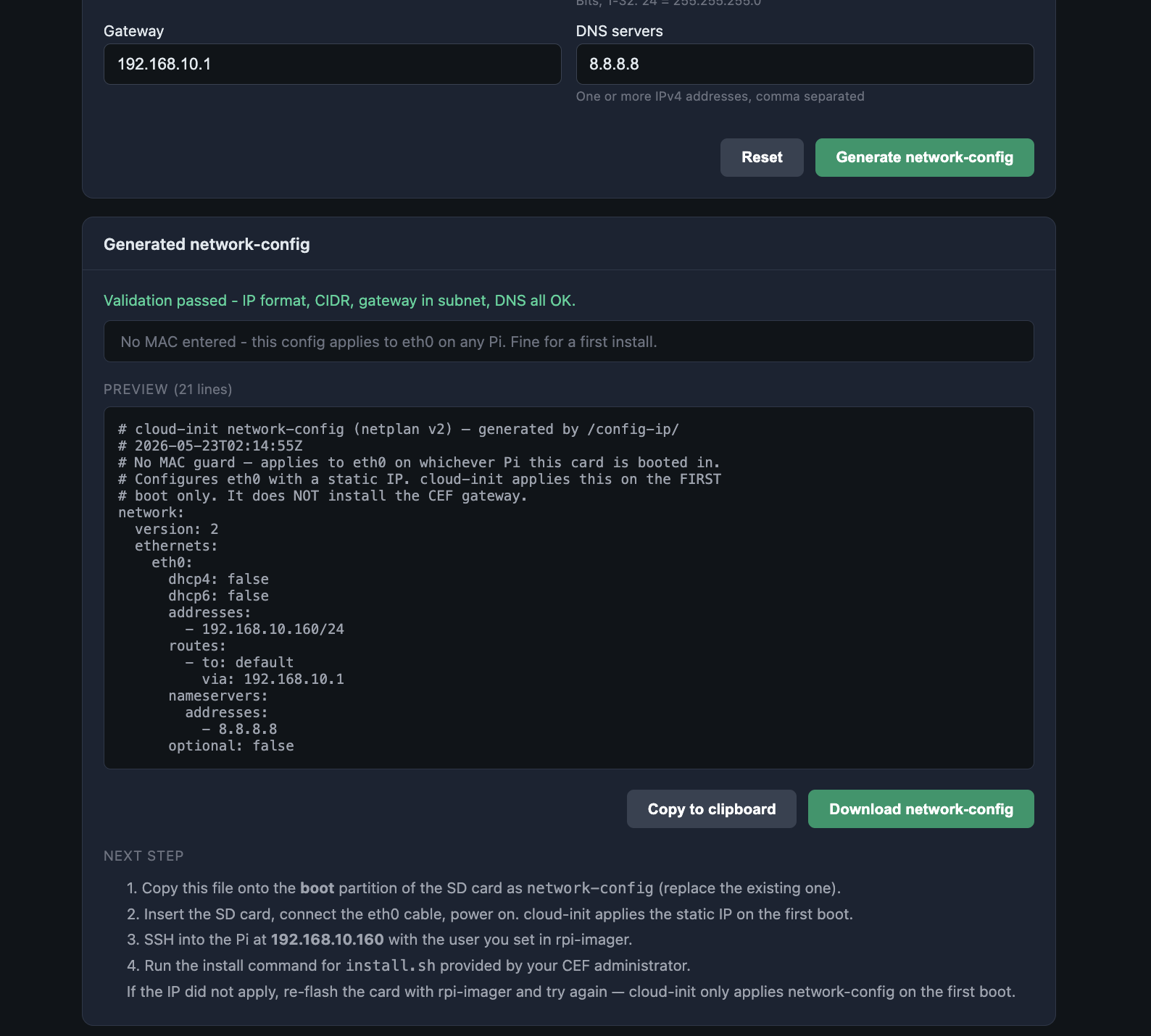 Página de configuração com o arquivo gerado e o botão de download