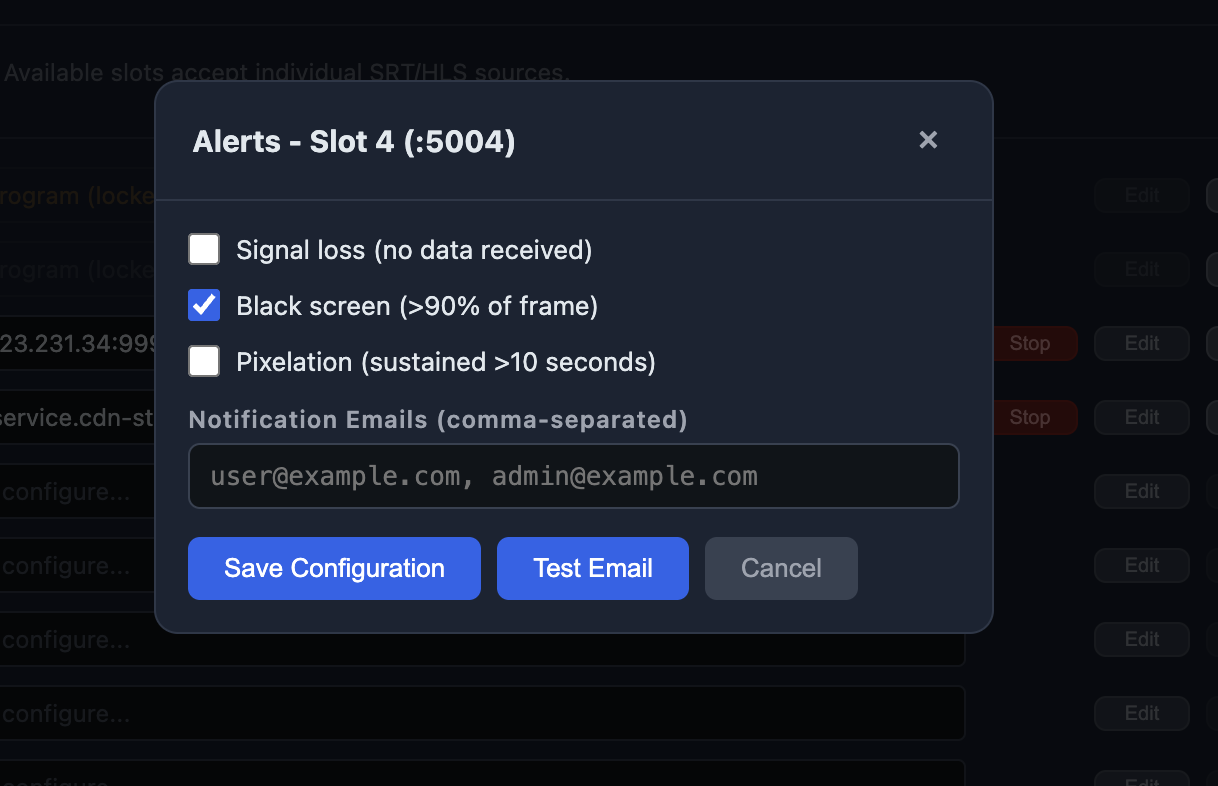 Janela de alertas de um slot