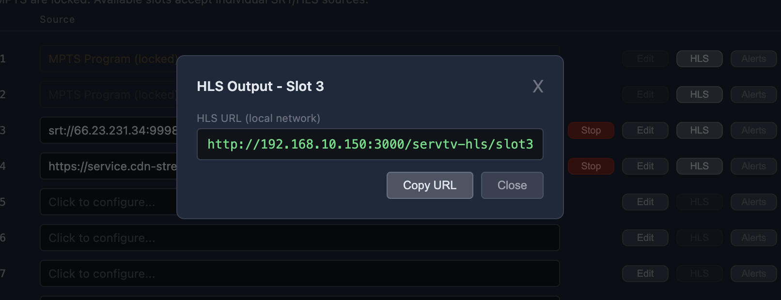 Endereço HLS de um slot