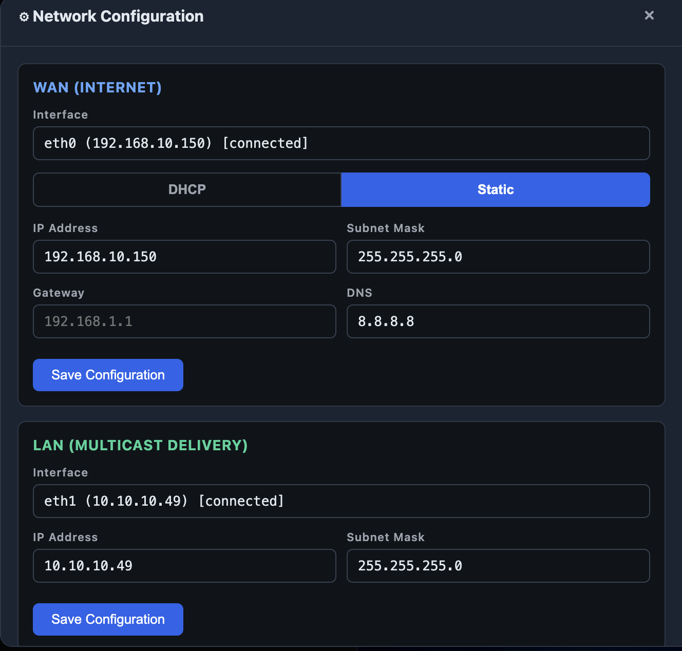 WAN Static e LAN aplicadas