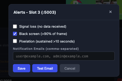 Alertas por e-mail para perda de sinal, tela preta e pixelização