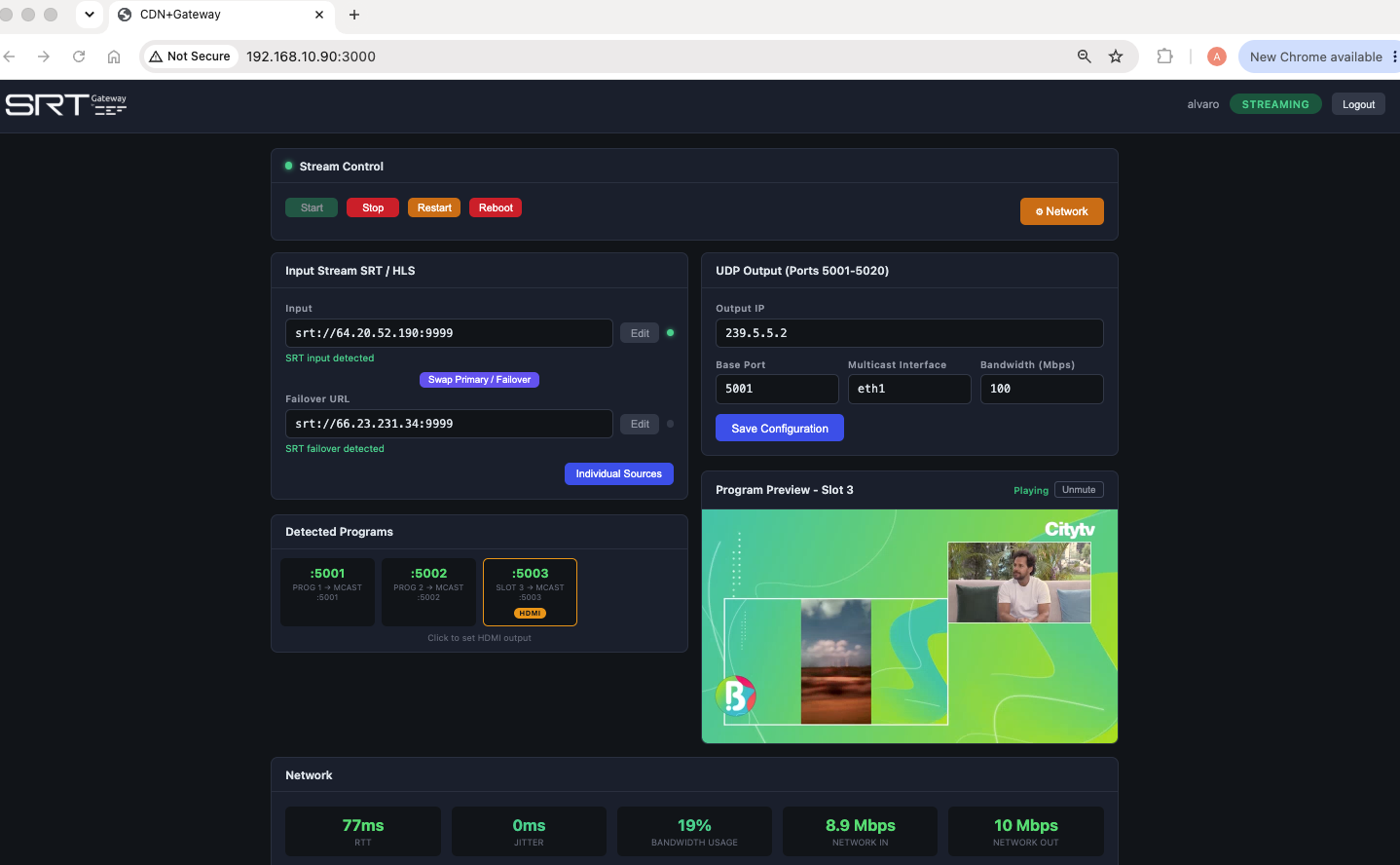 Saída UDP multicast, programas detectados, preview ao vivo e estatísticas de rede